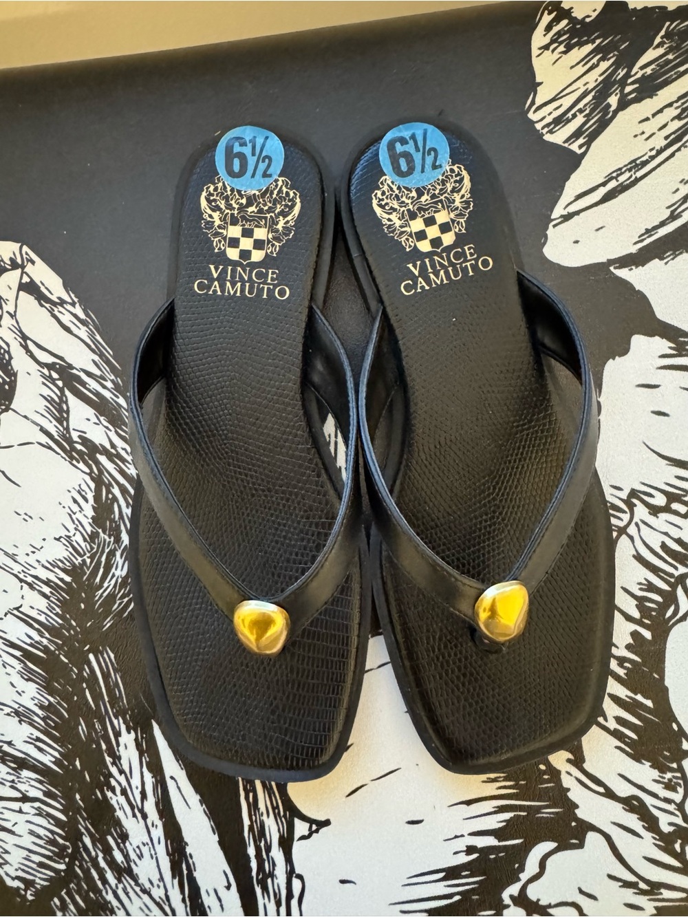 Vince Camuto Black and Gold Sandals